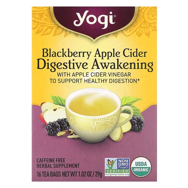 Digestive Awakening, Ежевичный яблочный сидр, без кофеина, 16 чайных пакетиков, 1,02 унции (29 г) Yogi