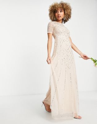 Frock and Frill Bridesmaid short sleeve maxi dress with embellishment in blush Frock and Frill