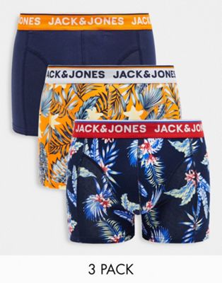 Три пары сундуков с цветочным принтом Jack & Jones темно-синего и оранжевого цвета Jack & Jones
