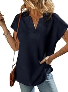 SHEWIN Women's Polo Shirts Casual Collared v Neck Short Sleeve T Shirt Tunic Tops Loose Fit Shewin