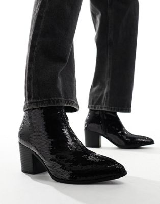 ASOS DESIGN heeled cuban chelsea boot in all over black sequin ASOS DESIGN