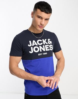 Темно-синяя и королевская футболка в стиле колор-блок Jack & Jones Jack & Jones