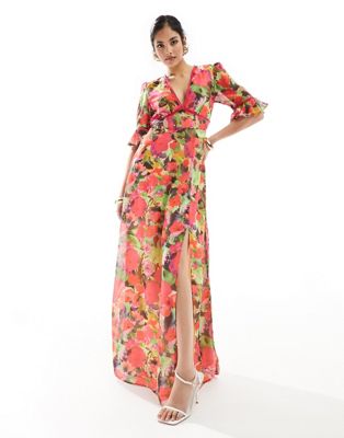 Hope & Ivy plunge maxi dress with fluted sleeves in red floral Hope & Ivy