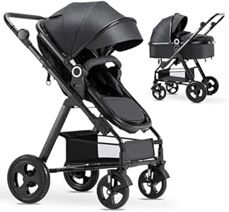 Blahoo Baby Stroller for Newborn, 2 in1 High Landscape Stroller, Foldable Aluminum Alloy Pushchair with Adjustable Backrest.Adjustable Awning, Variable Seat and Recliner(Black) Blahoo