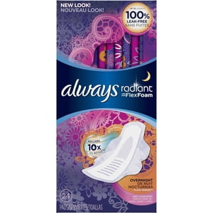 Always Radiant Infinity Overnight Feminine Pads with Wings, Scented, 24 Count Always