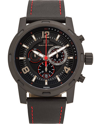 Мужские часы Baracchi Chronograph - черный кожаный ремешок, черный и красный циферблат, 46 мм Buech & Boilat