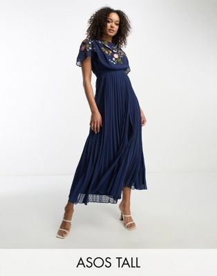 Темно-синее платье миди с плиссированной текстурой и вышивкой спереди ASOS DESIGN Tall ASOS Tall