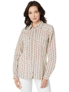 Хлопковая/полиэфирная кремово-коричневая полосатая блуза в стиле вестерн с застежками на кнопках Roper