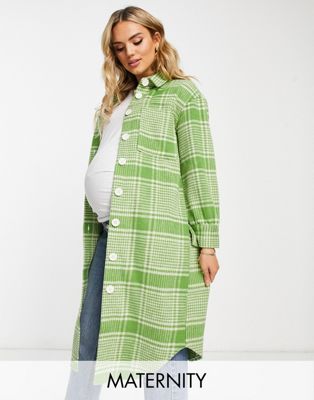 Wednesday's Girl Maternity longline oversized shacket in green check Wednesday's Girl Maternity