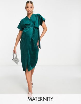 Closet London Maternity kimono sleeve velvet midi dress with wrap tie in emerald Closet London Maternity