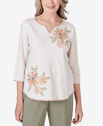 Women's Tuscan Sunset Embroidered Flower Round Neck Top Alfred Dunner
