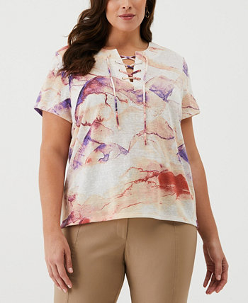 Plus Size Eco Watercolor Print Lace-Up Short Sleeve Tee Shirt ELLA rafaella