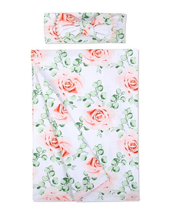 Baby Girls Soft Floral Swaddle Wrap Blanket with Matching Headband, 2 Piece Set Baby Essentials