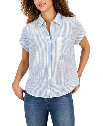 Women's Cotton Gauze Striped Camp Shirt, Created for Macy's Style & Co