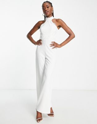 Lipsy jumpsuit with lace detail in white Lipsy