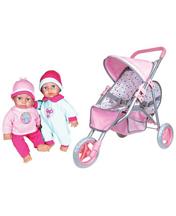 Twin Baby Dolls with Twin Jogger Stroller Lissi