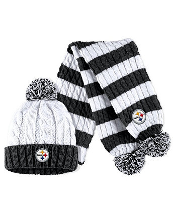 Женская белая вязаная шапка с манжетами в полоску Pittsburgh Steelers, комплект с помпоном и шарфом WEAR by Erin Andrews