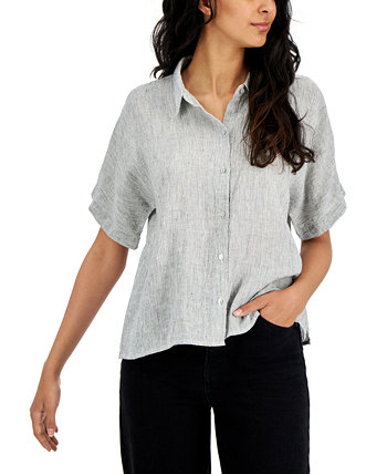 Organic Linen Striped Short-Sleeve Shirt Eileen Fisher