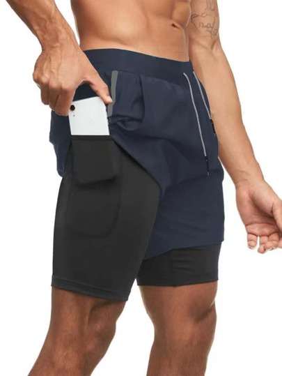 для мужчины Спортивные шорты контрастный на кулиске 2 в 1 с карманом для телефона SHEIN