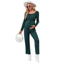 Women's Pregnancy Jumpsuits Long Sleeve Crewneck Casual Tie Front Elastic Waist Stretchy Romper MISSKY