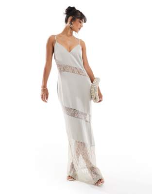 Pretty Lavish asymmetric lace satin maxi dress in stone Pretty Lavish