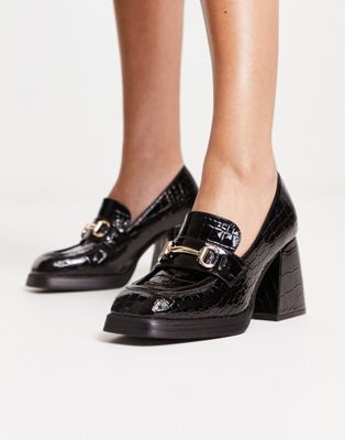 Shellys London Fountain chunky heeled loafers in black patent Shellys London
