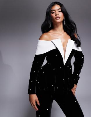 ASOS LUXE pearl embellished velvet off shoulder tailored blazer in black - part of a set ASOS Luxe