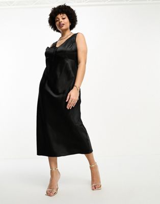Черное атласное платье миди с косой завязкой ASOS DESIGN Curve ASOS Curve