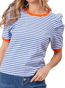 LilyCoco Womens Striped Puff Sleeve T Shirt Breton Crewneck Shirt Loose Fit Tee LilyCoco