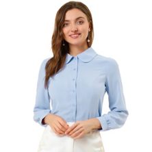 Women's Button Up Career Peter Pan Collar Long Bishop Sleeve Shirt ALLEGRA K