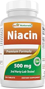 Best Naturals Niacin 500mg 250 Tablets with Flushing - Also Called Vitamin B3 (250 Count (Pack of 1)) Best Naturals