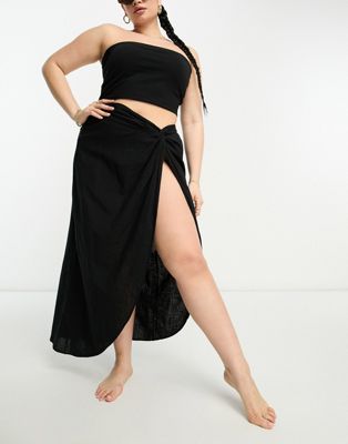 Черная пляжная юбка из натуральной кожи с перекрученной передней частью ASOS DESIGN Curve — часть комплекта ASOS Curve