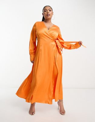 Ярко-оранжевое атласное платье миди с запахом Never Fully Dressed Plus NEVER FULLY DRESSED