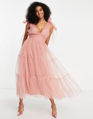 Lace & Beads Bridesmaid tiered midaxi dress in blush LACE & BEADS