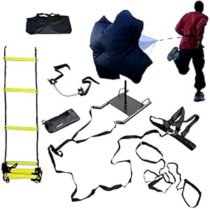 Cross Training Bundle KIT (5 PC Set)- 20 FT Agility Ladder, XL Resistance Parachute, Power Sled, Lateral Side Stepper, and Dual Resistance Band for Improving Foot Work and Speed BlueDot Trading