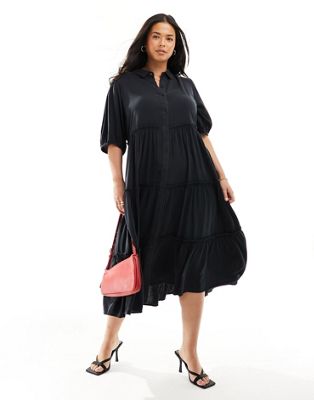 Yours tiered button maxi dress in charcoal  Yours