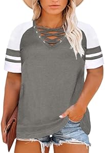 Happy Sailed Womens Plus Size Tunic Tops Summer Short Sleeve V Neck Striped Loose Casual Tee Shirt(1X-5X) Happy Sailed