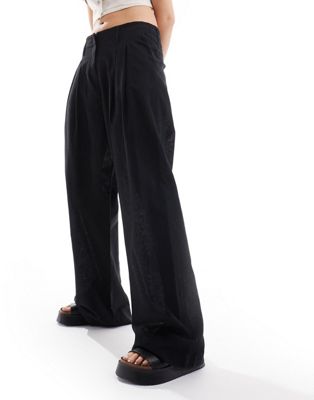 Monki linen mix tailored wide leg pants in black Monki