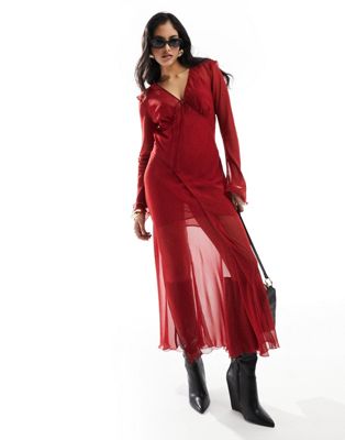 Красное платье миди с v-образным вырезом и точечным принтом Mango MANGO
