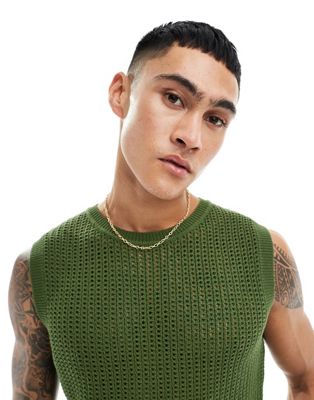ASOS DESIGN lightweight knit pointelle tank in green ASOS DESIGN