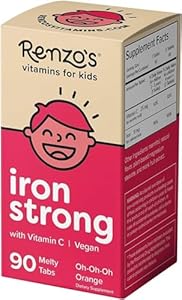 Renzo's Iron Supplements for Kids - Dissolvable Vegan Iron Supplement with Vitamin C - Sugar Free, Oh-Oh-Oh Orange Flavor, 90 Melty Tabs Renzo's