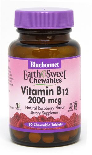 EarthSweet® Chewables (Жевательные таблетки) Vitamin B12 Natural Raspberry -- 2000 mcg - 90 Chewable Tablets (Жевательные таблетки) Bluebonnet Nutrition