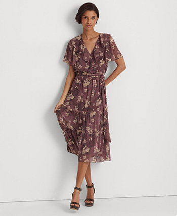 Платье из жатого жоржета с цветочным принтом и поясом Ralph Lauren