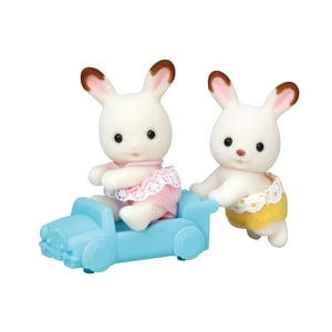 Calico Critters Chocolate Rabbit Twins, Set of 2 Collectible Doll Figures with Pushcart Accessory Calico Critters