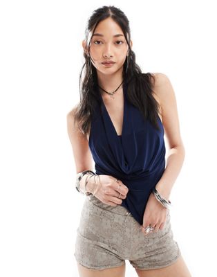 COLLUSION extreme draped halter top in navy Collusion