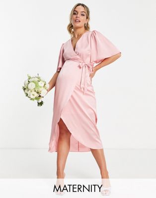 Нежно-розовое атласное платье мидакси с запахом спереди Liquorish Maternity Bridesmaid Liquorish Maternity