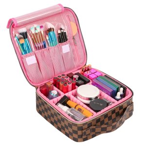 Checkered Women Makeup Bag Travel Make Up Case Water-Resistant Cosmetic Organizer with Adjustable Dividers for Make Up Tools Toiletry Jewelry Aokur