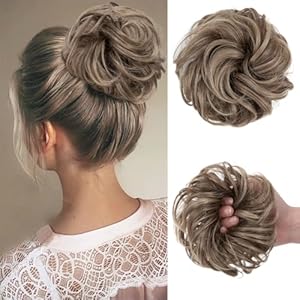 SARLA 2PCS Messy Hair Bun Hair Pieces Wavy Curly Synthetic Updo Fake Scrunchies Ponytail Extension for Women Dirty Blonde SARLA