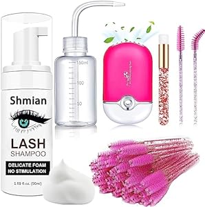 Lash Shampoo for Lash Extensions, Lash Fan with 50ml Eyelash Foam Cleanser and 50 Pcs Eyelash Brush and Rinse Bottle Oil Free/Sulfate Free Eyelash Wash Remover For Eyelash Extension Wash, Black Shmian