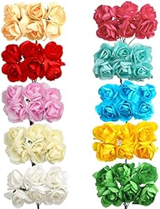 CCINEE 144pcs Mini Paper Flowers, 30mm Mulberry Paper 1.2" Artificial Rose Flower with Stem for DIY Crafts Projects Scrapbooking Wedding Decorations (Champagne) Ccinee